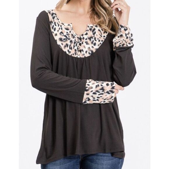 Doublju Contrast Yoke Button Detailed Long Sleeve Top Soft Breathable Size Small - Picture 1 of 4